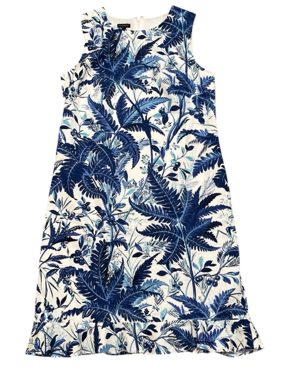 Garden Party Talbots Womens 8 White Blue Floral Cotton Sleeveless Sheath Dress